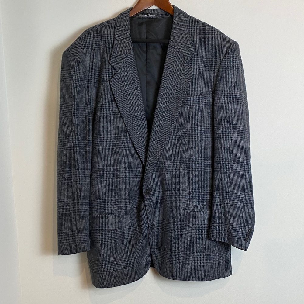 Pierre Balman Jacket Men Grey Black Plaid Wool Silk Blazer Sport Coat 46 Long